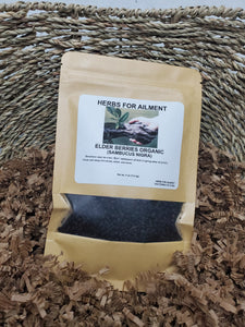 photo of organic dried black elderberries in packaging